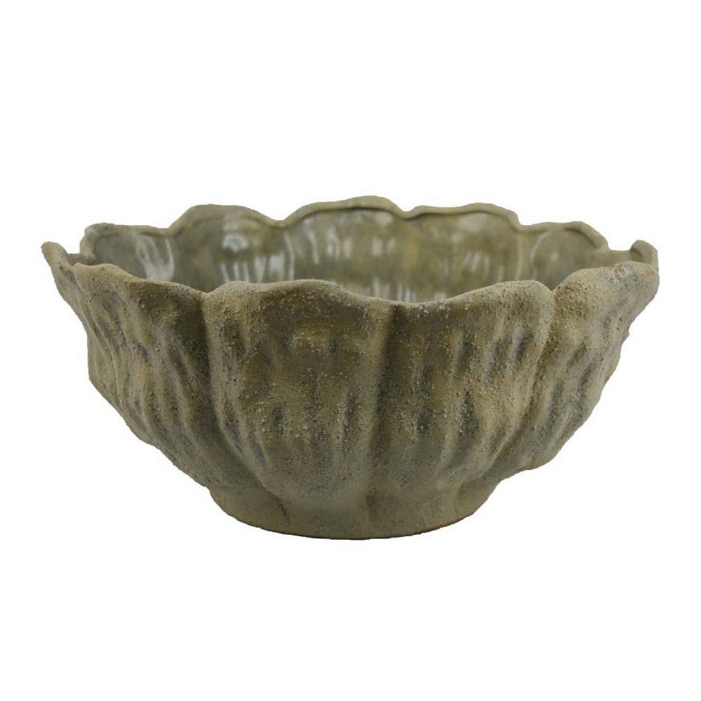 Bobo Decorative Bowl, Floral Design, 17 Inch Olive Green Ceramic -BM334870