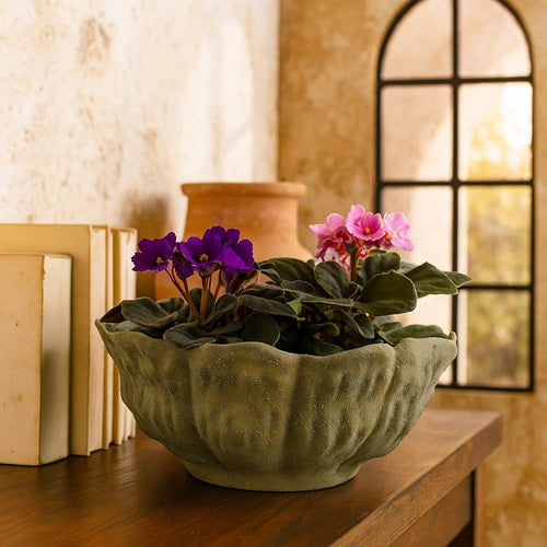 Bobo Decorative Bowl, Floral Design, 17 Inch Olive Green Ceramic -BM334870