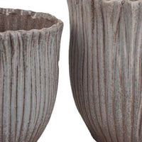 Decorative Planter Set of 2, Ribbed Texture Gray Ceramic Body -BM334872