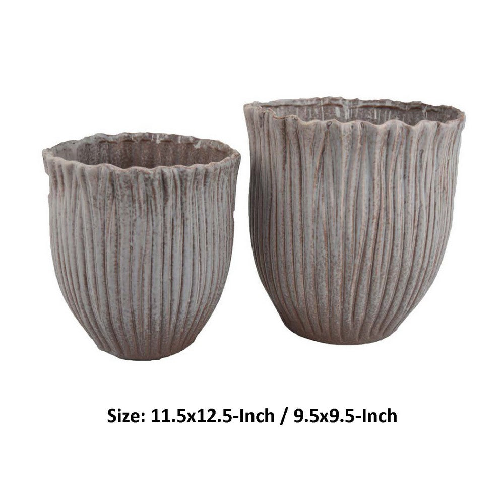 Decorative Planter Set of 2, Ribbed Texture Gray Ceramic Body -BM334872