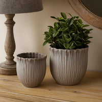 Decorative Planter Set of 2, Ribbed Texture Gray Ceramic Body -BM334872