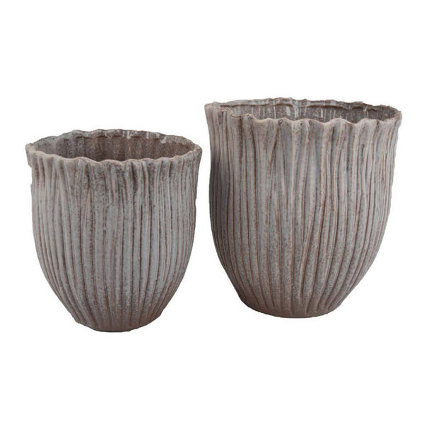 Decorative Planter Set of 2, Ribbed Texture Gray Ceramic Body -BM334872