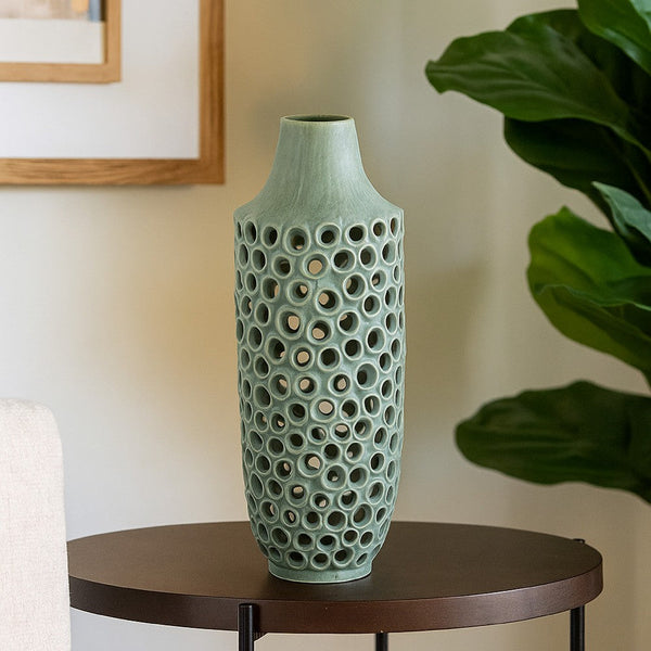 Kolo Decorative Vase, Perforated Design, 25 Inch Green Ceramic Body -BM334874