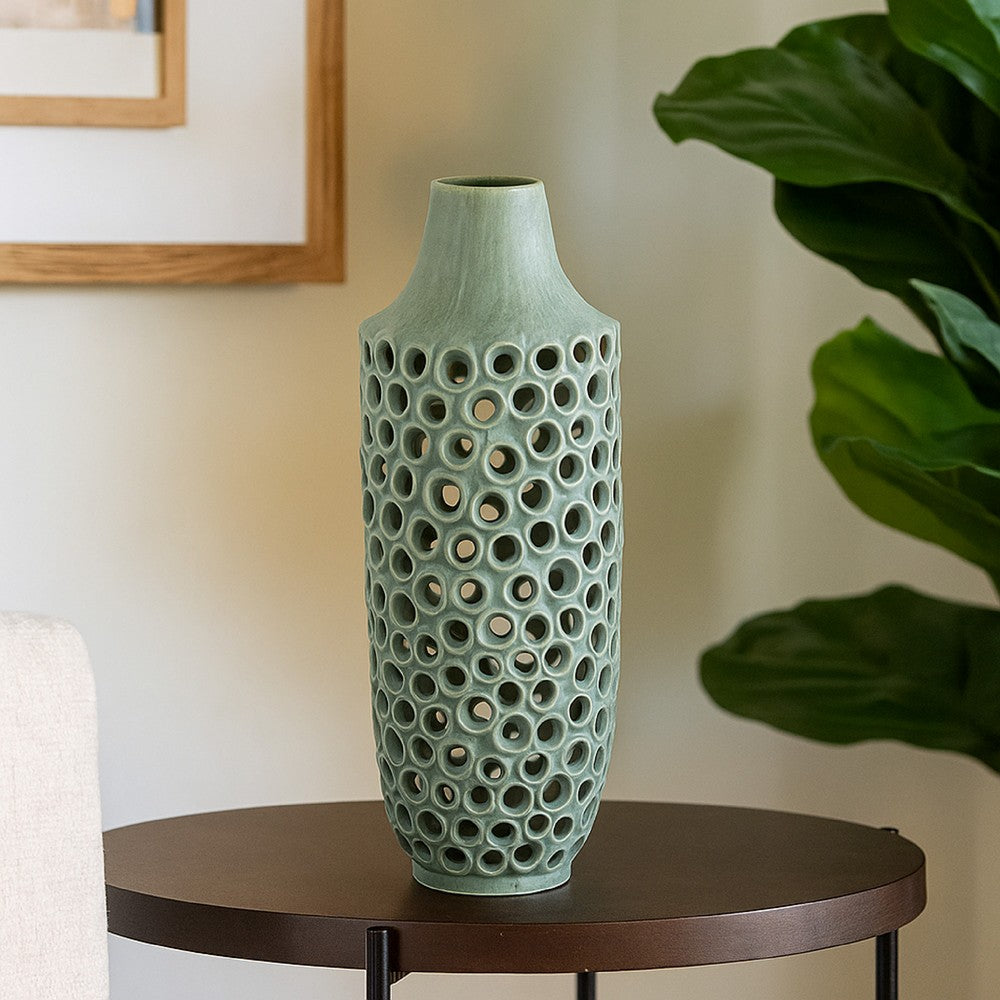 Kolo Decorative Vase, Perforated Design, 25 Inch Green Ceramic Body -BM334874