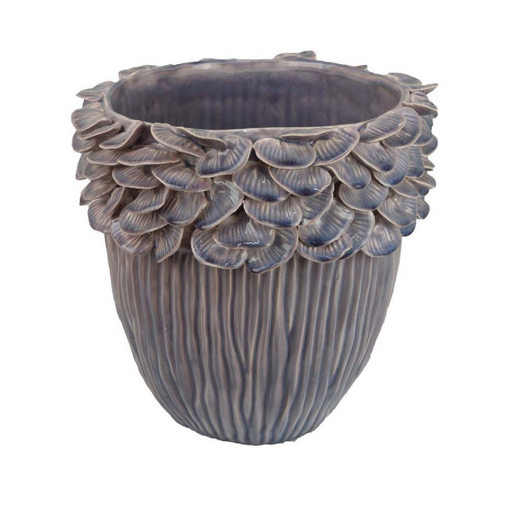 Decorative Planter, 13 Inch Ribbed Seashell Design, Purple Ceramic -BM334889