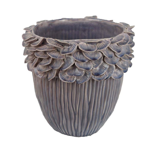 Decorative Planter, 13 Inch Ribbed Seashell Design, Purple Ceramic -BM334889