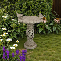 Niam Bird Bath Sculpture, 26 Inch Antique Gray Resin, Scrolled Details -BM334900