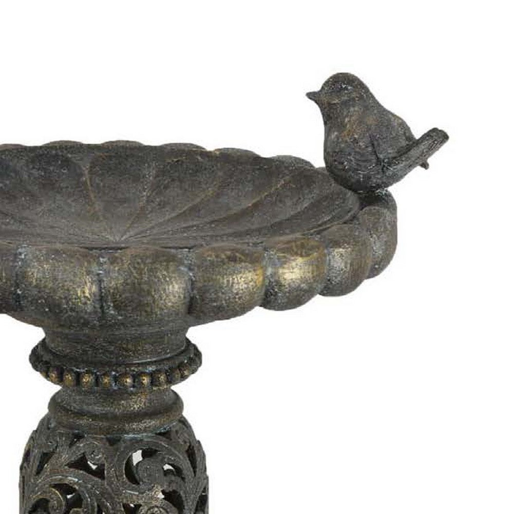 Niam Bird Bath Sculpture, 26 Inch Dark Gray Resin, Scrolled Details -BM334901