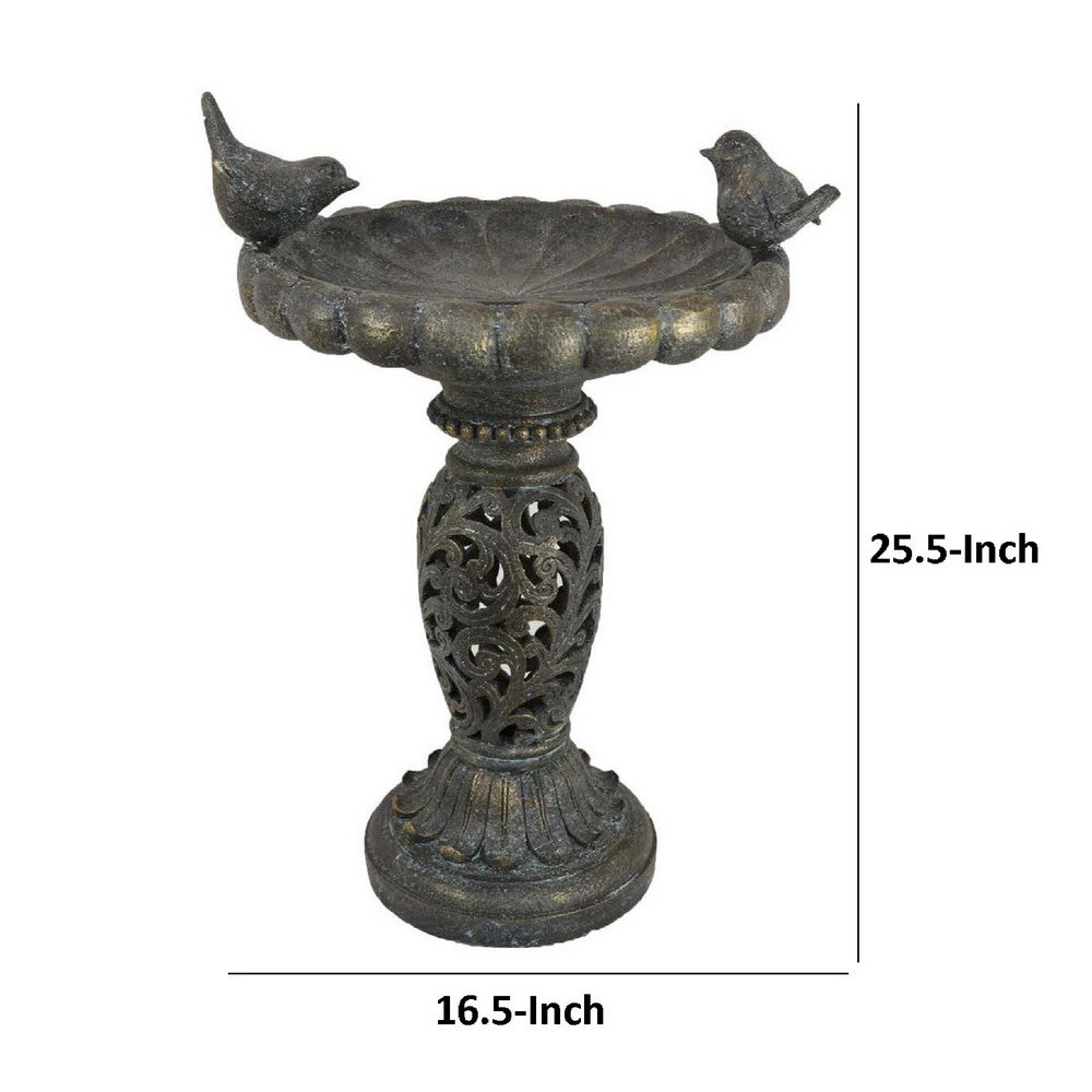 Niam Bird Bath Sculpture, 26 Inch Dark Gray Resin, Scrolled Details -BM334901