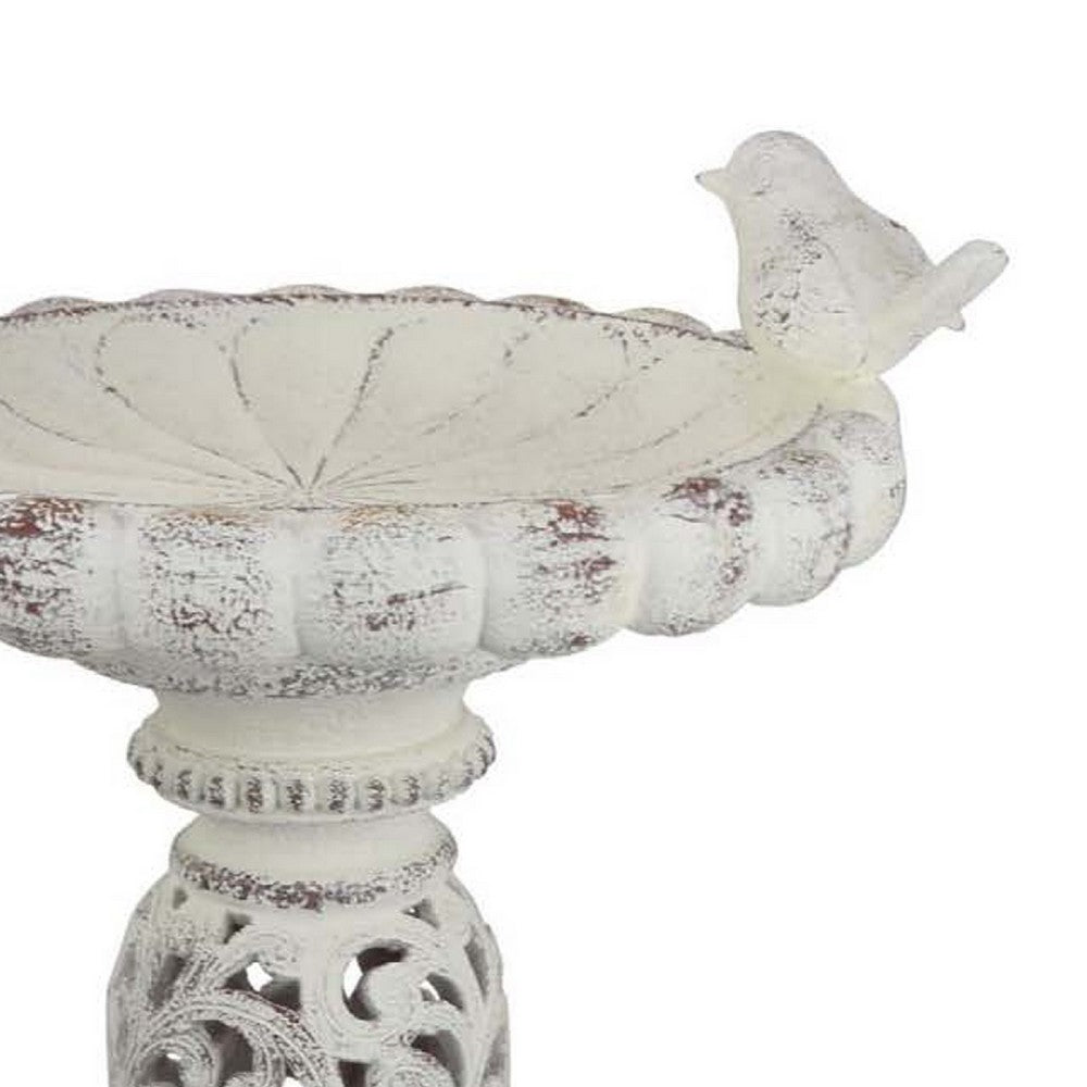 Niam Bird Bath Sculpture, 26 Inch Weathered White Scrolled Resin -BM334903