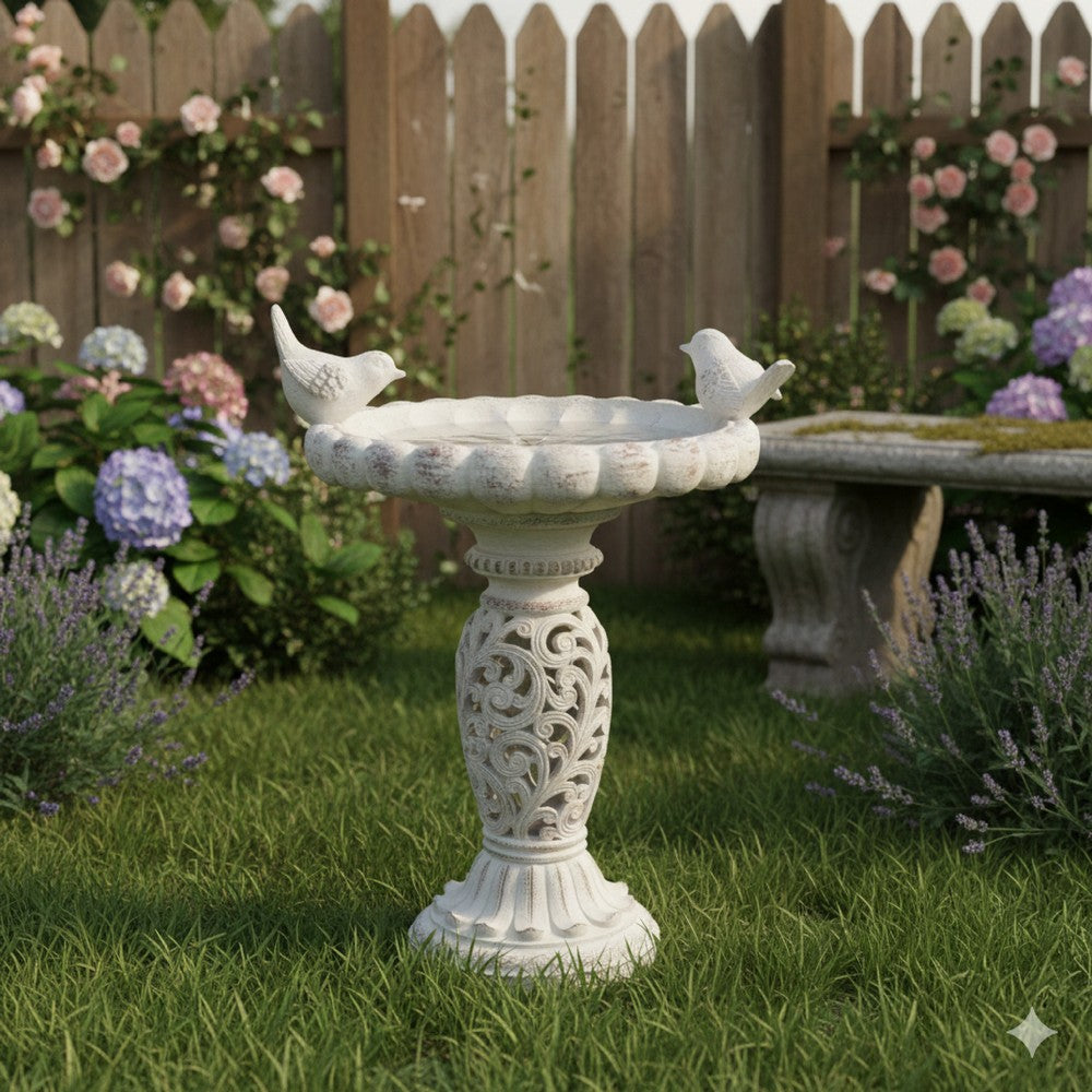 Niam Bird Bath Sculpture, 26 Inch Weathered White Scrolled Resin -BM334903