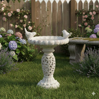 Niam Bird Bath Sculpture, 26 Inch Weathered White Scrolled Resin -BM334903
