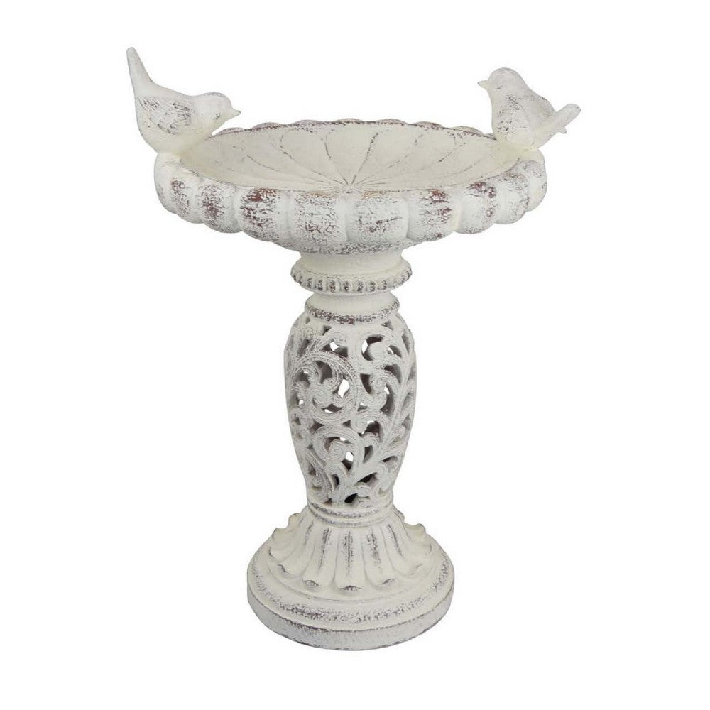 Niam Bird Bath Sculpture, 26 Inch Weathered White Scrolled Resin -BM334903