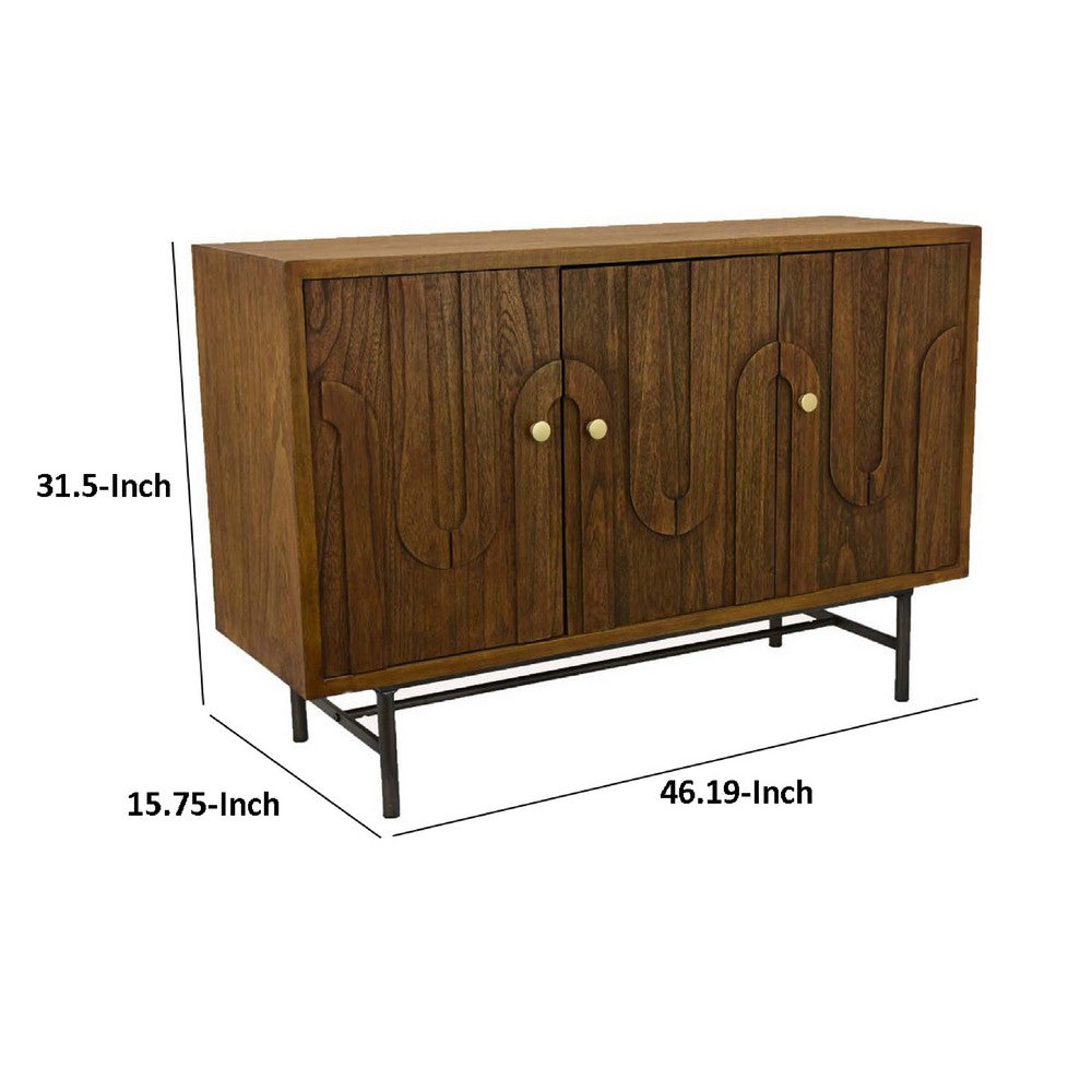 Storage Cabinet Console, 3 Doors, U Shaped Carved 47 Inch Brown Wood -BM334915