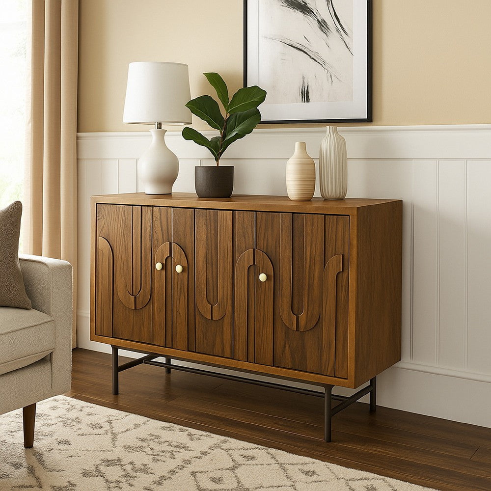 Storage Cabinet Console, 3 Doors, U Shaped Carved 47 Inch Brown Wood -BM334915