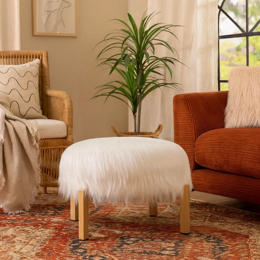 Accent Ottoman, Fur-Like Texture, 21 Inch White Fabric Upholstery -BM334925