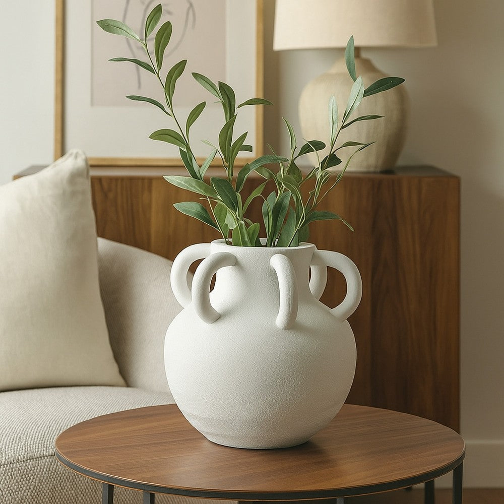 Ripo Decorative Vase, Curved Flange Details, 11 Inch White Resin -BM334931