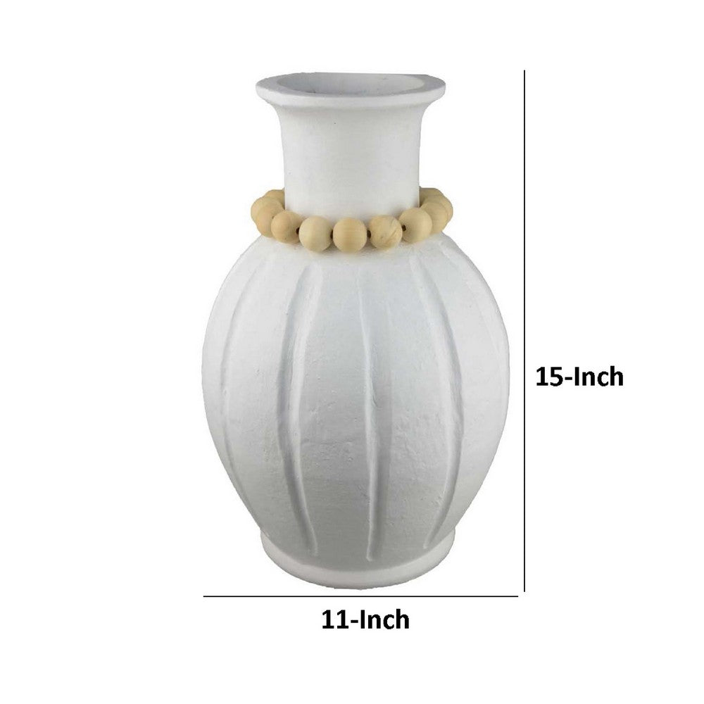 Nehu Decorative Vase, Beaded Neck Details, 15 Inch White Resin -BM334932