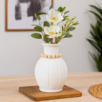 Nehu Decorative Vase, Beaded Neck Details, 15 Inch White Resin -BM334932