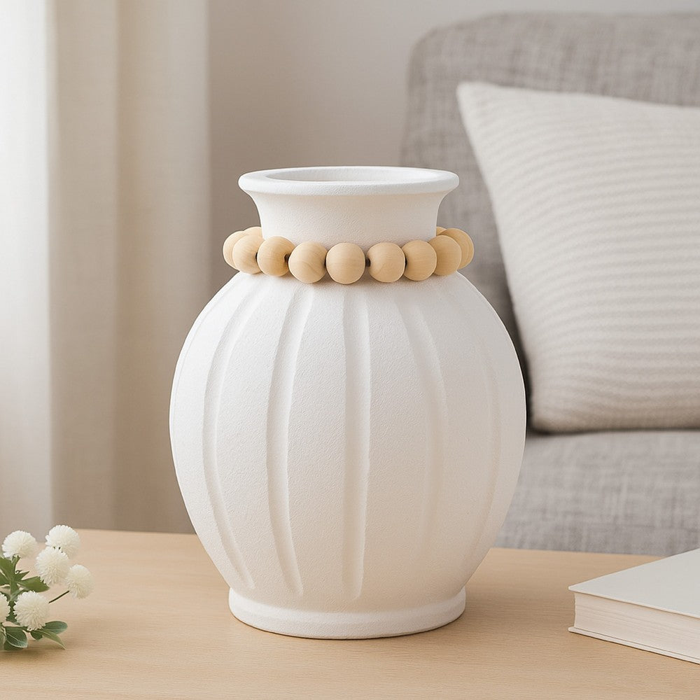 Nehu Decorative Vase, Beaded Neck Details, 16 Inch White Resin -BM334933