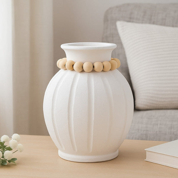 Nehu Decorative Vase, Beaded Neck Details, 16 Inch White Resin -BM334933