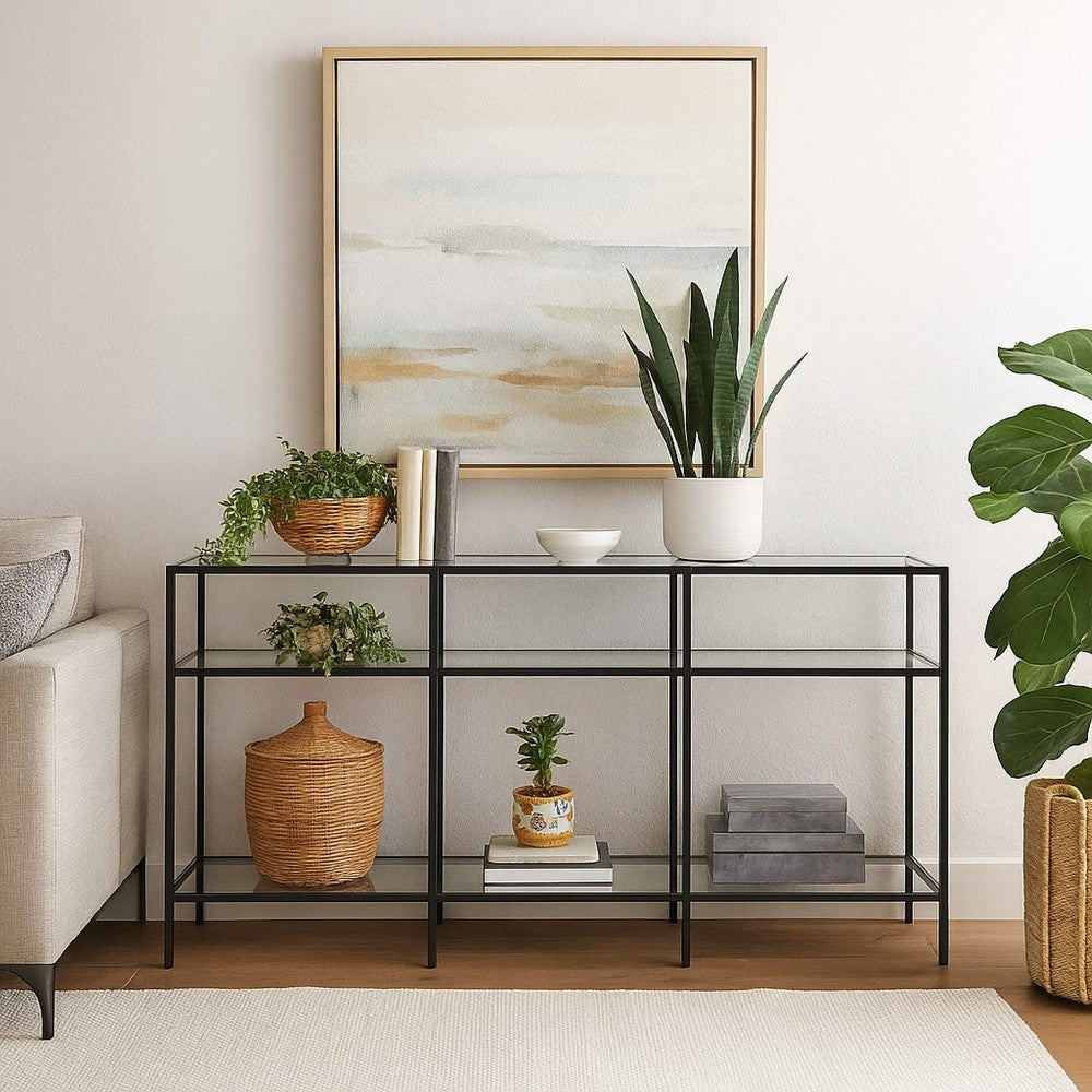 Woly Plant Stand Rack, 2 Glass Shelves, 59 Inch Industrial Black Metal -BM334940