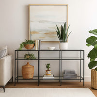 Woly Plant Stand Rack, 2 Glass Shelves, 59 Inch Industrial Black Metal -BM334940