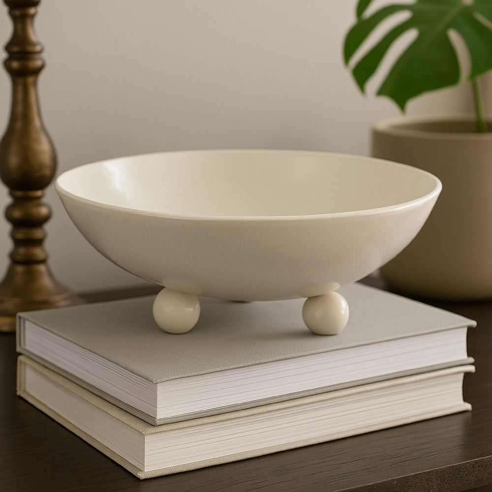 15 Inch Decorative Bowl for Accessories, Off White Ceramic, 3 Feet -BM334947