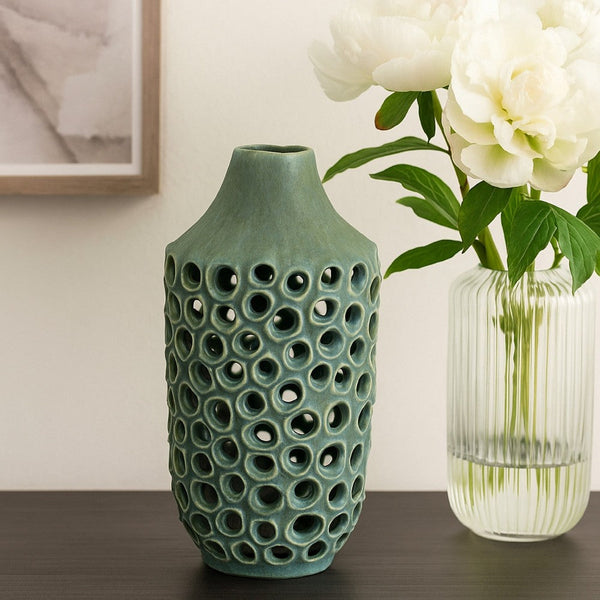 Nian Accent Vase, Green Ceramic, Perforated Rounded Holes, 16 Inch -BM334951