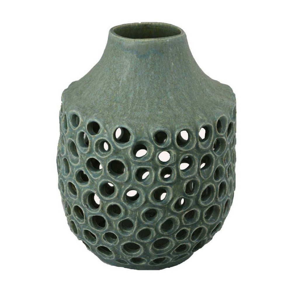 Nian Accent Vase, Green Ceramic, Perforated Rounded Holes, 14 Inch -BM334952