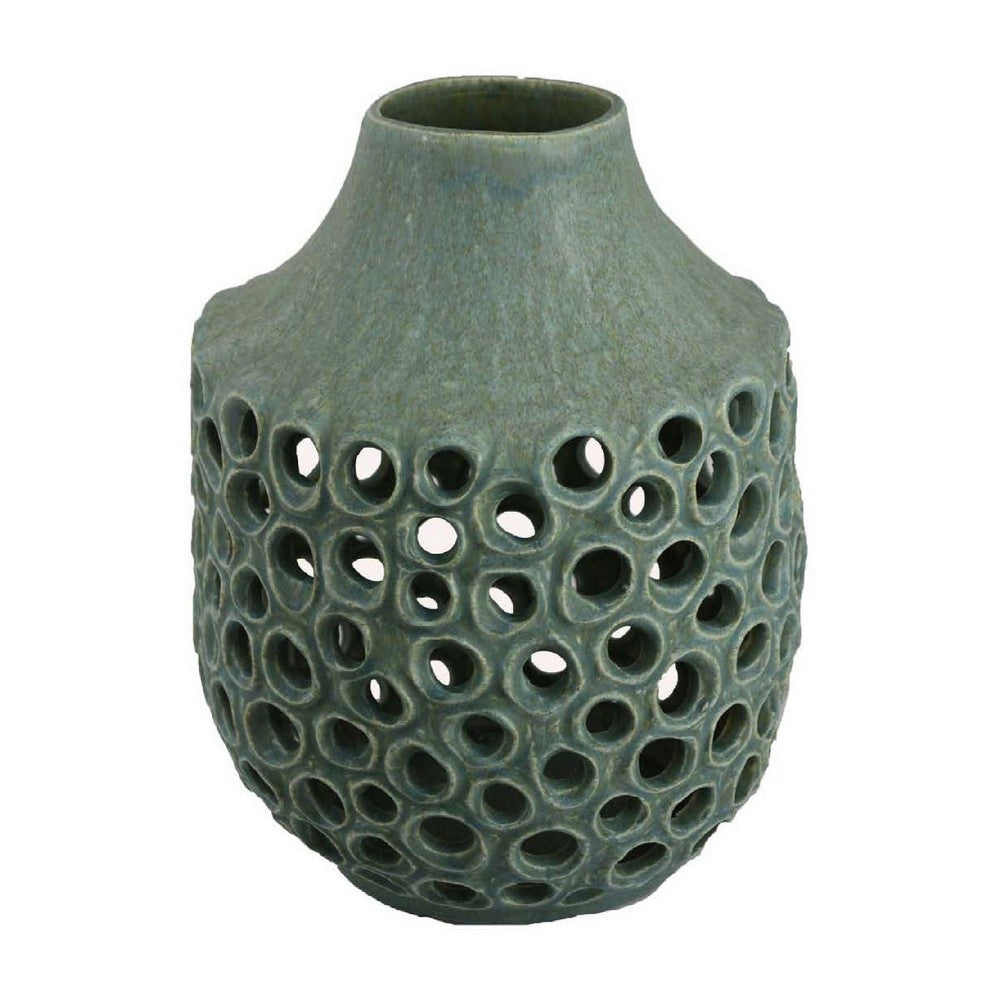 Nian Accent Vase, Green Ceramic, Perforated Rounded Holes, 14 Inch -BM334952