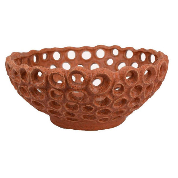 Nian Decorative Bowl, Earthy Brown Ceramic, Perforated Holes, 13 Inch -BM334953