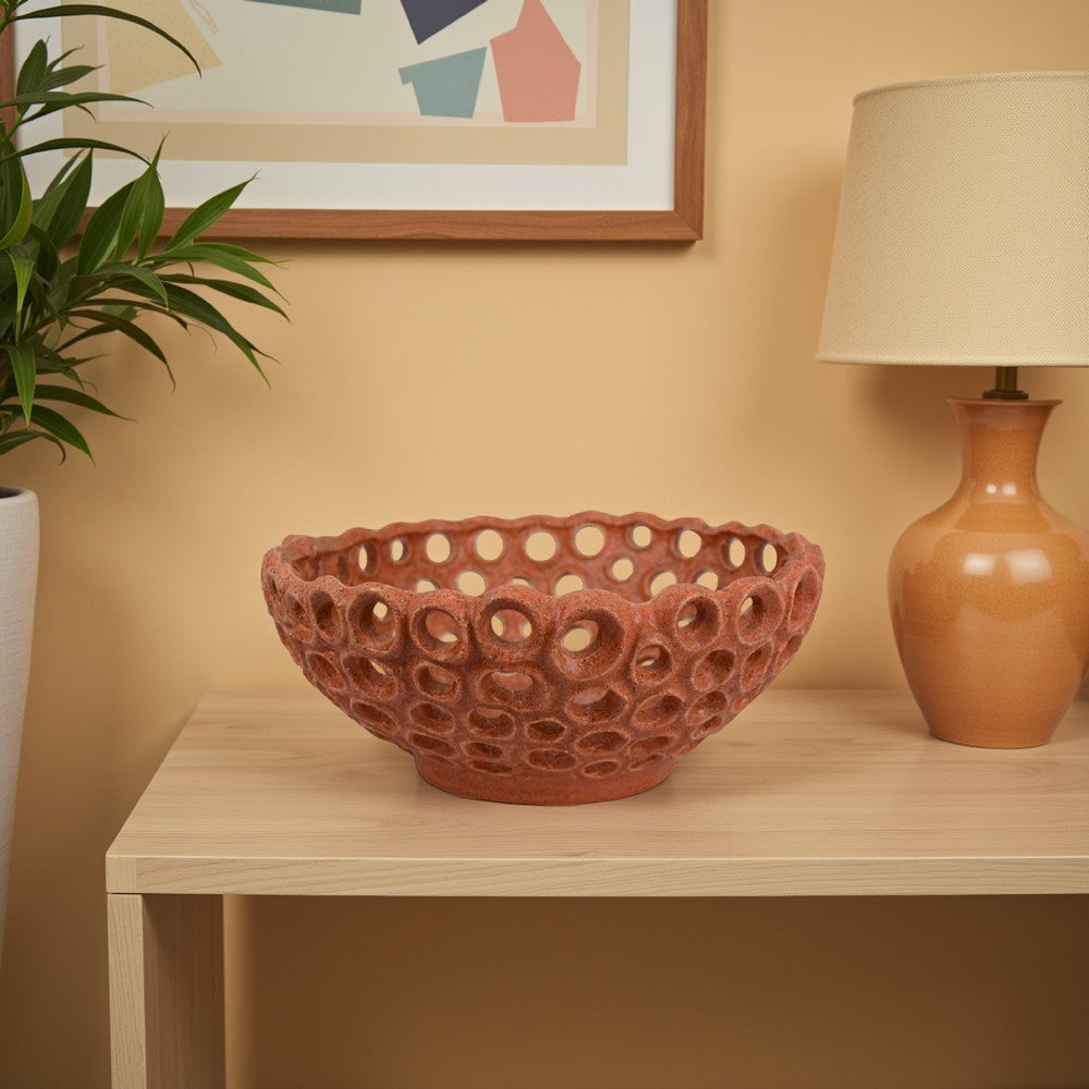 Nian Decorative Bowl, Earthy Brown Ceramic, Perforated Holes, 13 Inch -BM334953