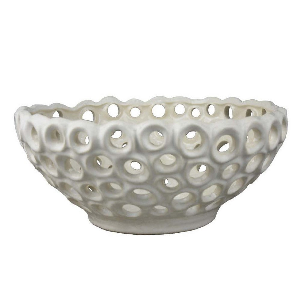 Nian Decorative Bowl, Classic White Ceramic, Perforated Holes, 13 Inch -BM334954