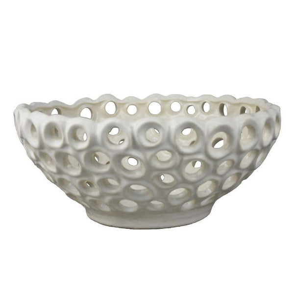 Nian Decorative Bowl, Classic White Ceramic, Perforated Holes, 13 Inch -BM334954