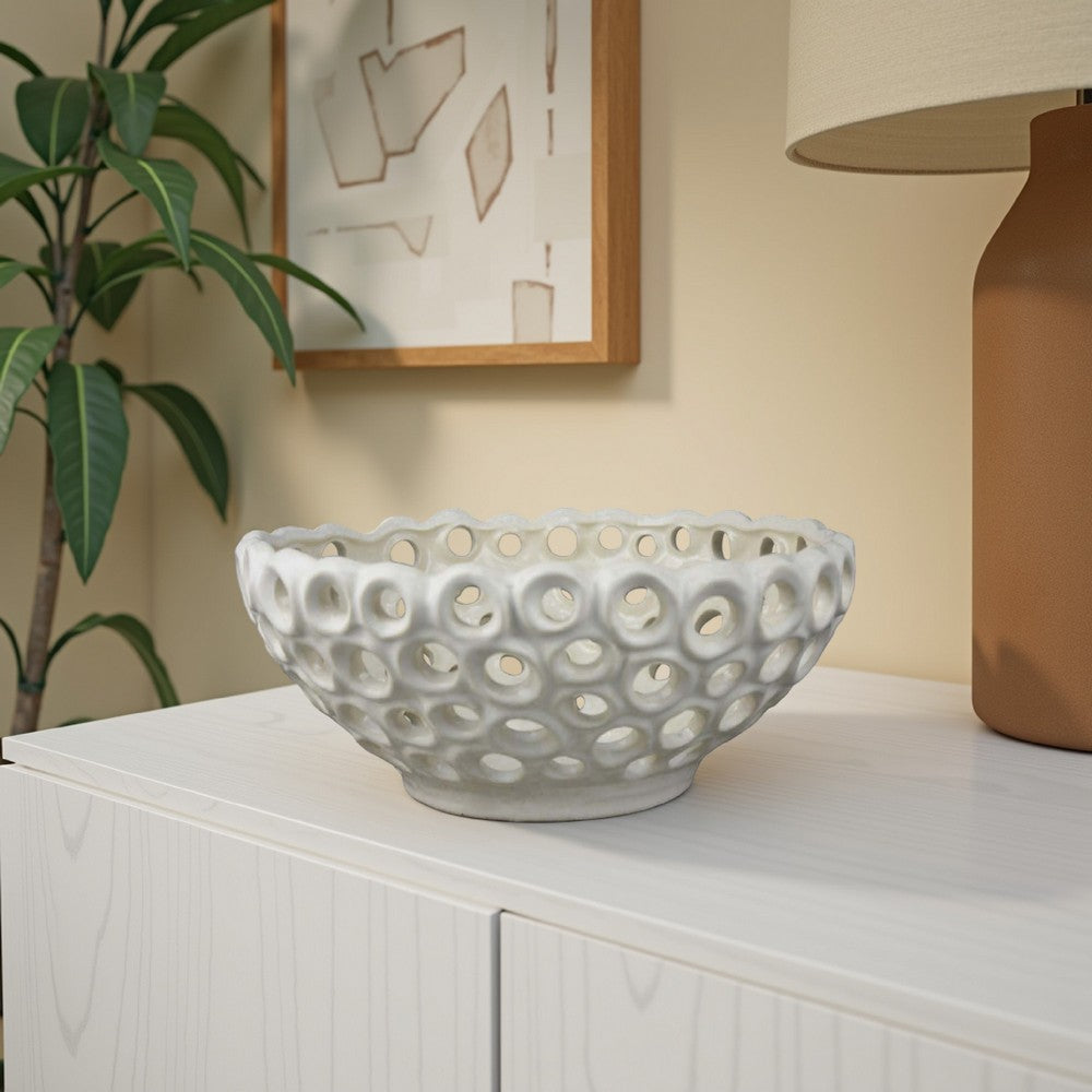 Nian Decorative Bowl, Classic White Ceramic, Perforated Holes, 13 Inch -BM334954