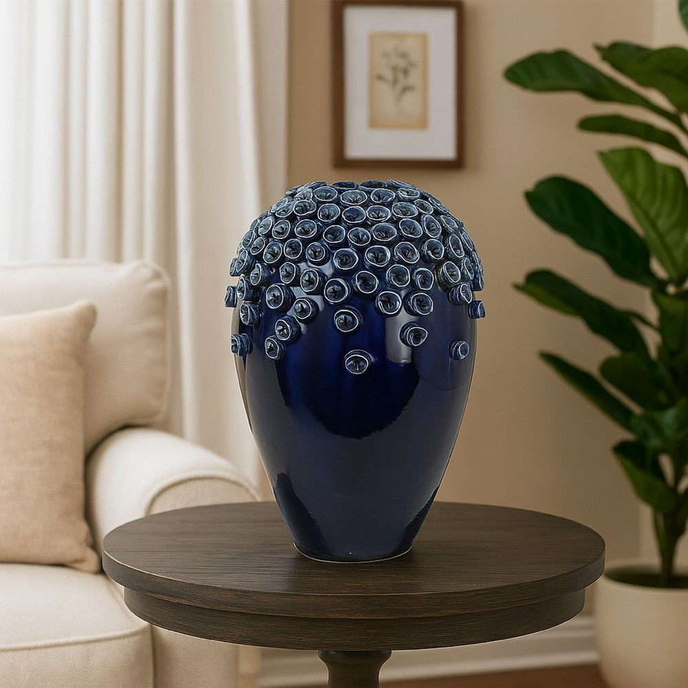 Decorative Vase, Glossy Deep Blue Ceramic, Coral Design, 15 Inch -BM334955