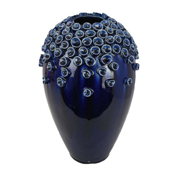 Decorative Vase, Glossy Deep Blue Ceramic, Coral Design, 15 Inch -BM334955