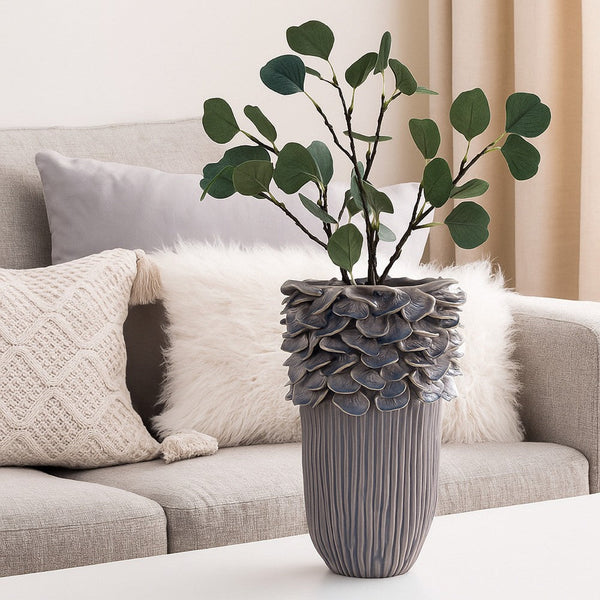 Kiana Decorative Vase, Gray Ceramic Flared Scales Rim Accent, 16 Inch -BM334956