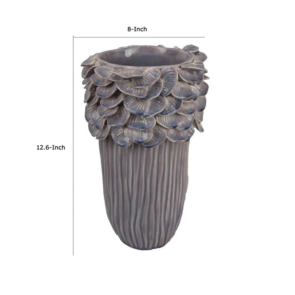 Kiana Decorative Vase, Gray Ceramic Flared Scales Rim Accent, 13 Inch -BM334957