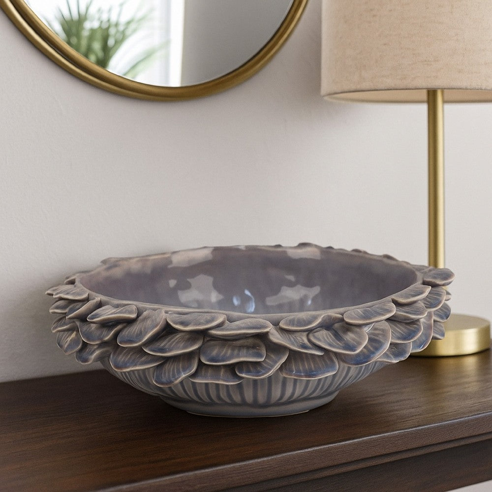 Kiana Decorative Bowl, Gray Ceramic, Flared Scales Rim Accent, 12 Inch -BM334958