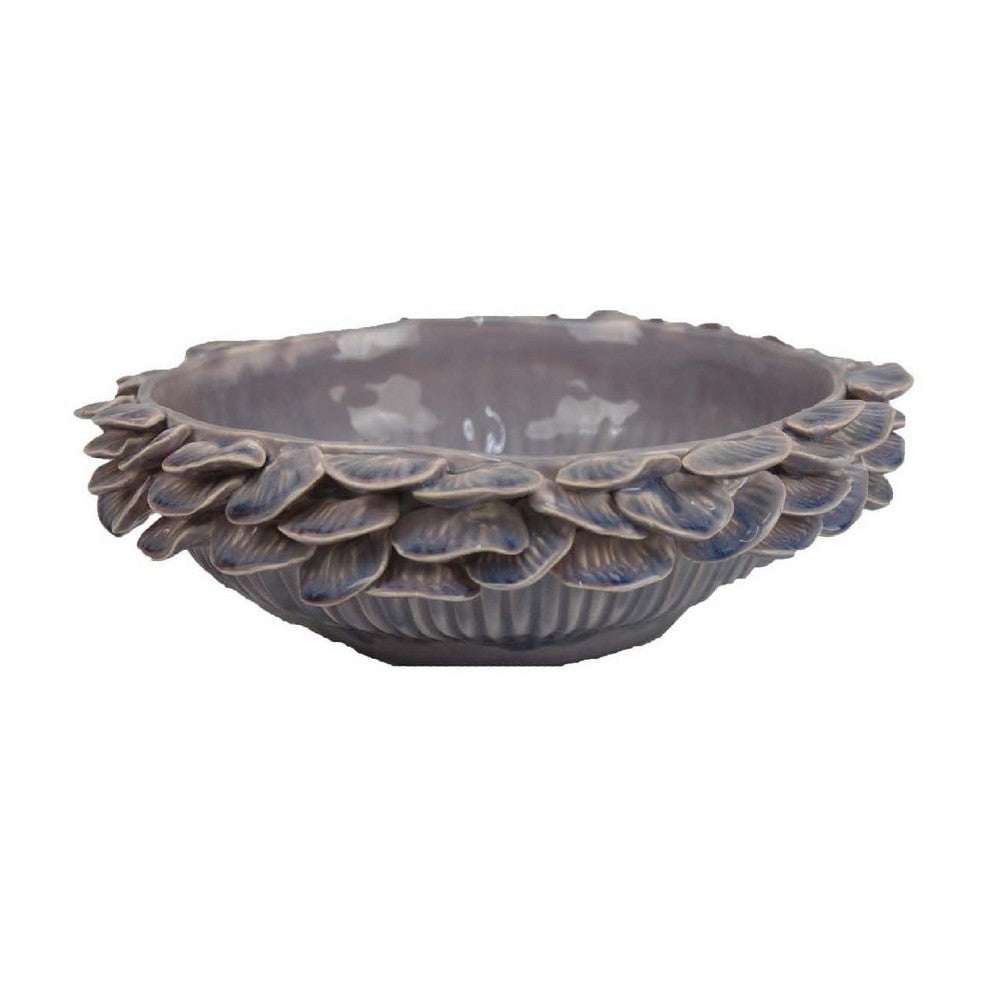 Kiana Decorative Bowl, Gray Ceramic, Flared Scales Rim Accent, 12 Inch -BM334958