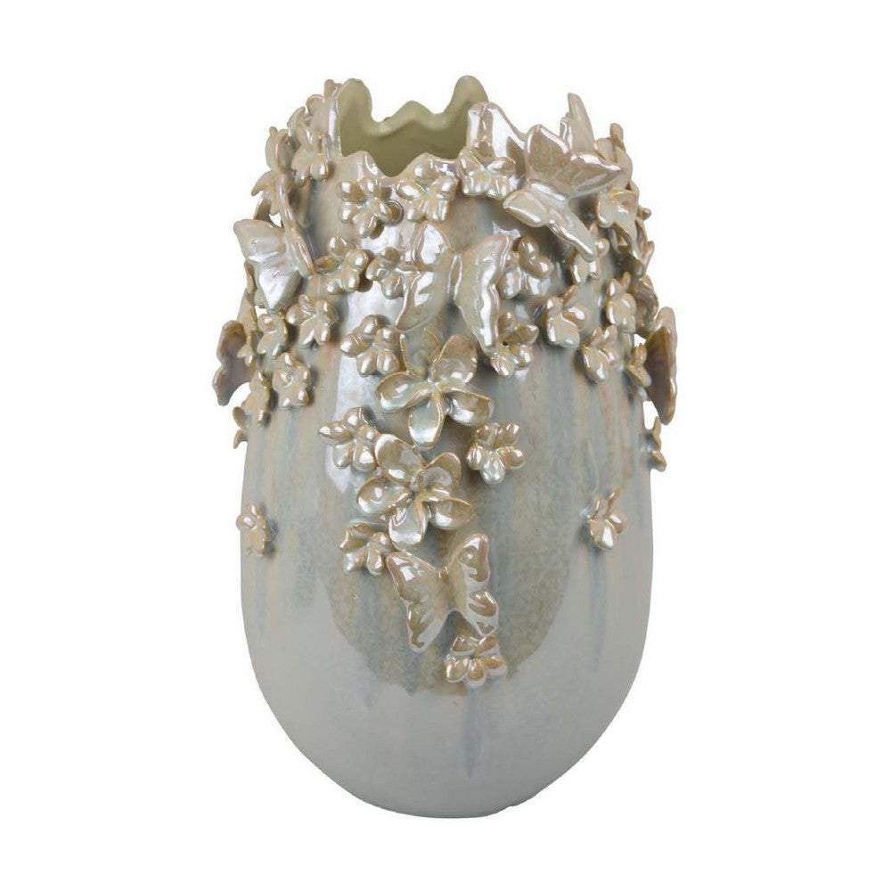 Accent Vase, Gray Silver Ceramic, Flowers and Butterflies, 14 Inch -BM334959