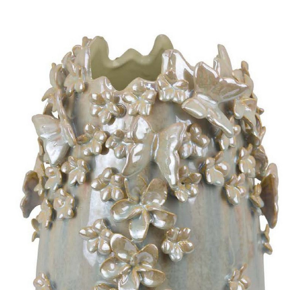 Accent Vase, Gray Silver Ceramic, Flowers and Butterflies, 14 Inch -BM334959