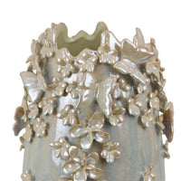 Accent Vase, Gray Silver Ceramic, Flowers and Butterflies, 14 Inch -BM334959