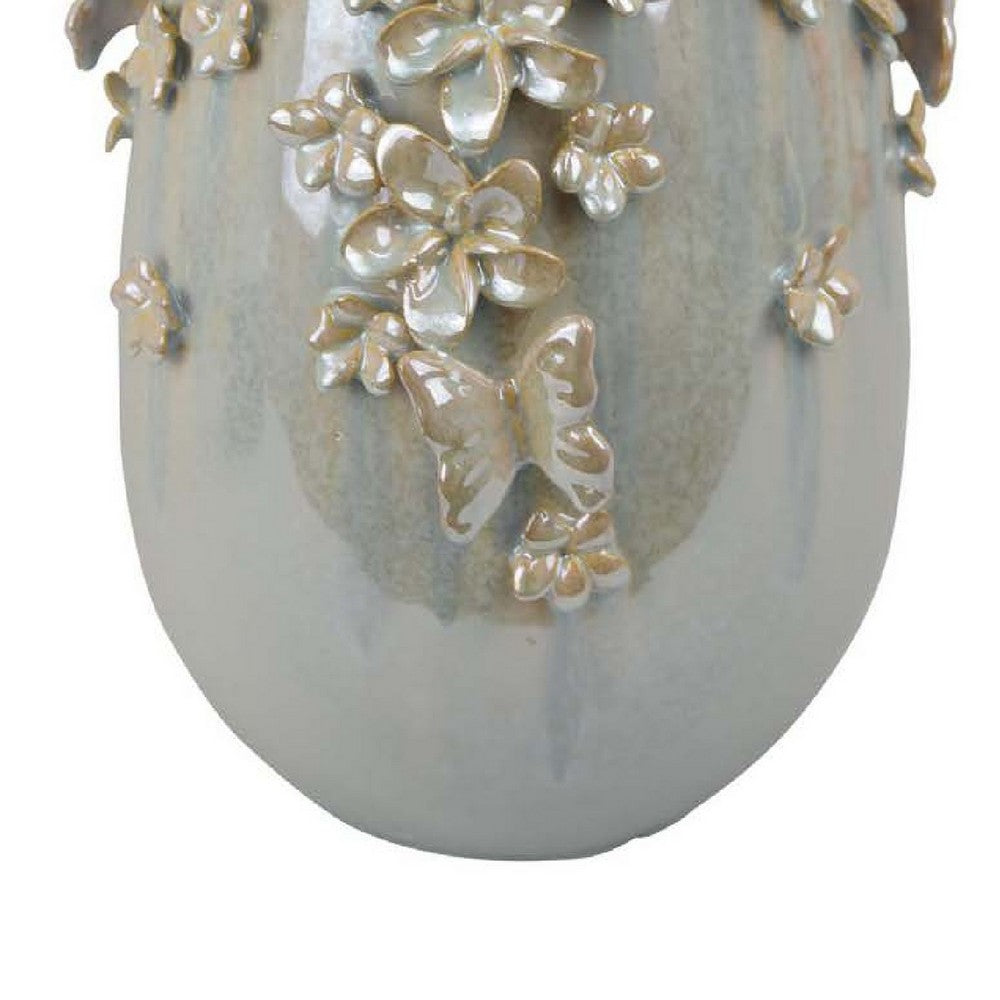 Accent Vase, Gray Silver Ceramic, Flowers and Butterflies, 14 Inch -BM334959