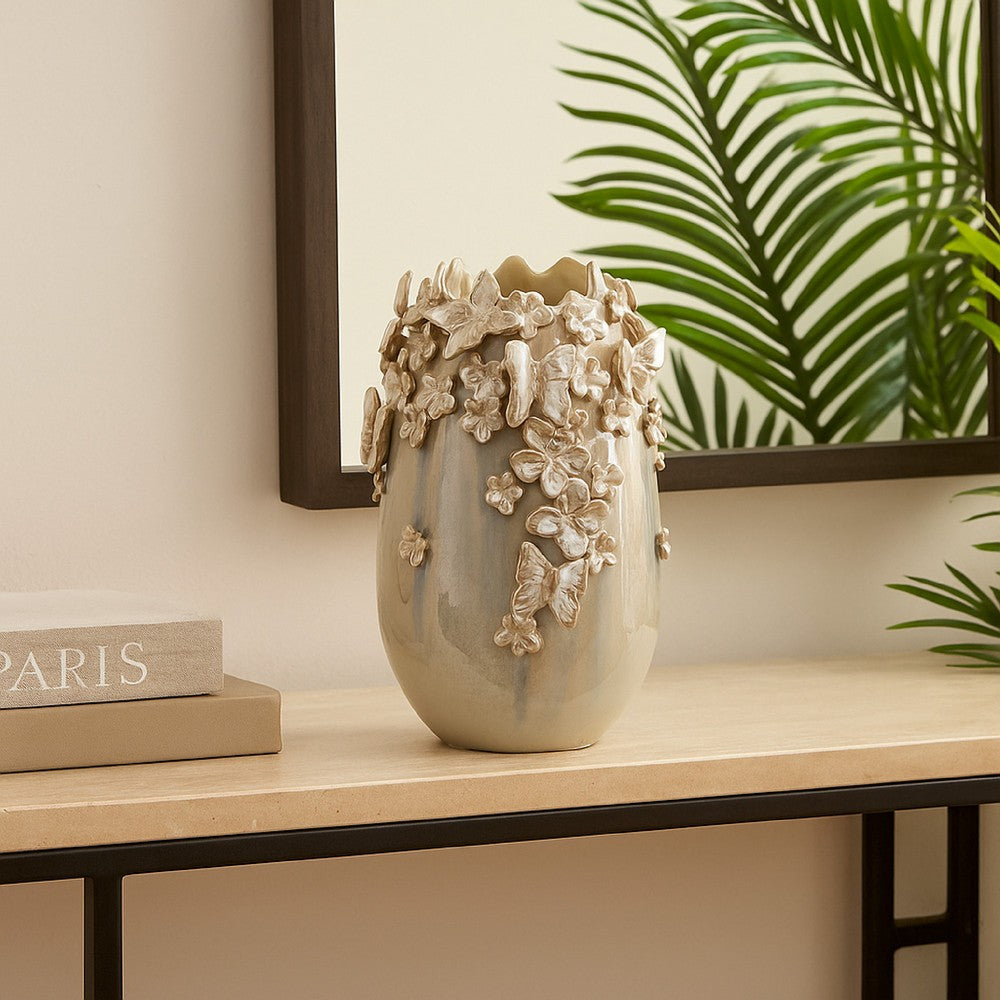 Accent Vase, Gray Silver Ceramic, Flowers and Butterflies, 14 Inch -BM334959