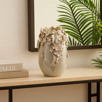 Accent Vase, Gray Silver Ceramic, Flowers and Butterflies, 14 Inch -BM334959