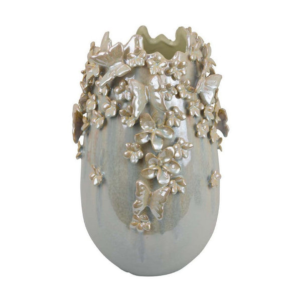 Accent Vase, Gray Silver Ceramic, Flowers and Butterflies, 14 Inch -BM334959