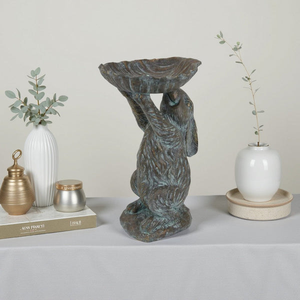 Outdoor Decorative Rabbit Bird Feeder, Textured Gray Resin, 16 Inch -BM334961